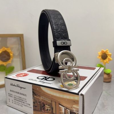 1:1 Ferragamo  Black Leather Belt  with Silver Double Logo buckle  3.5cm